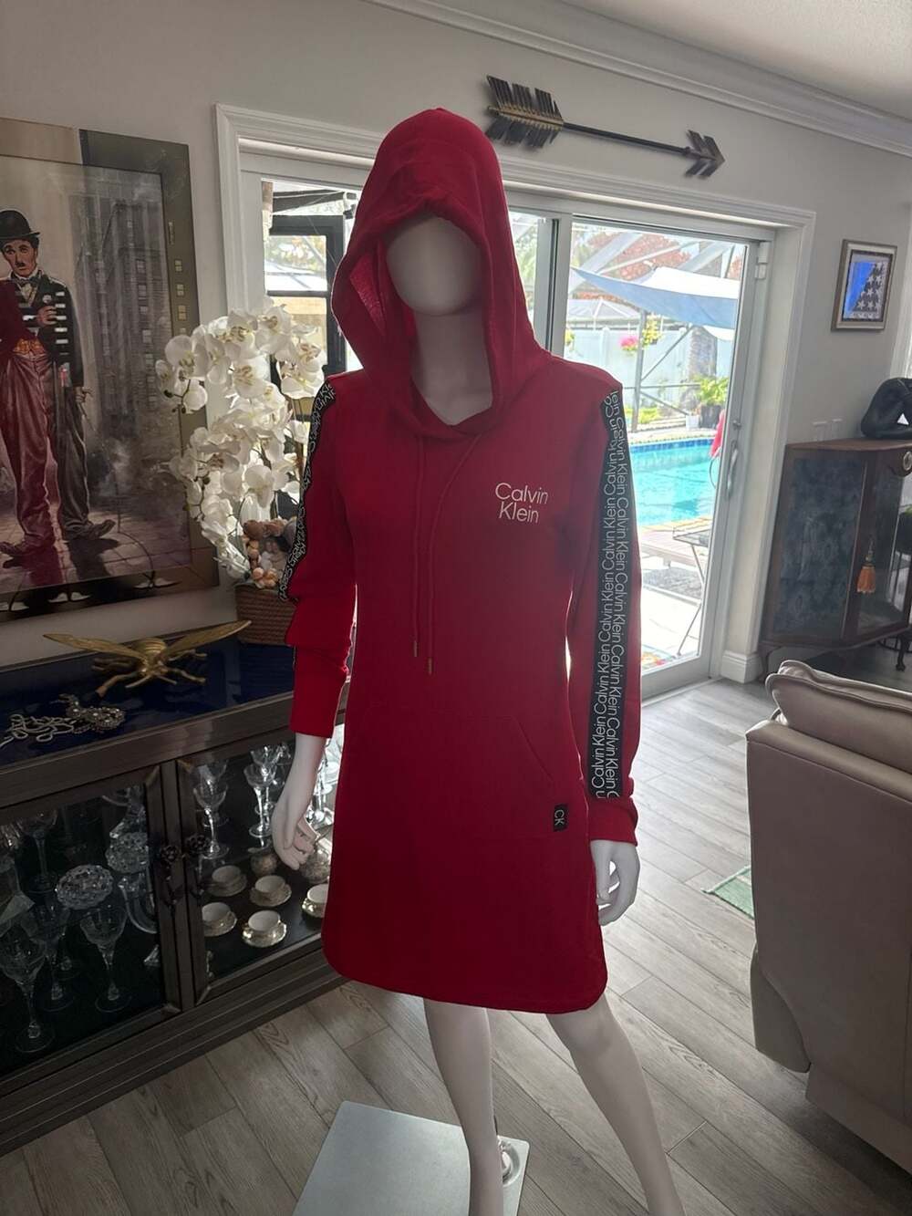 Calvin Klein Women's Red Hooded Mini Sweatshirt Dress with Logo Taping S
